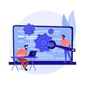 dessin d'un ordinateur géant et de deux développeurs illustrant un service d' Assist Développement Informatique