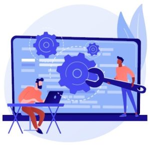 illustration de deux personnes devant un écran d'ordinateur géant pour Logiciels et applications web