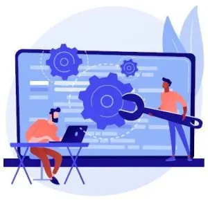 illustration de deux personnes devant un écran d'ordinateur géant pour Logiciels et applications web