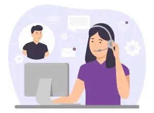 dessin représentant une opératrice de support client avec un micro-casque, devant un ordinateur
