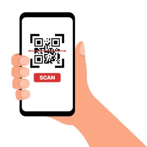 dessin d'une main tenant un smartphone affichant un qr code