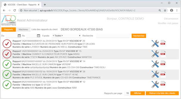 capture d'écran de l'application vg code, interface d'accès aux rapports