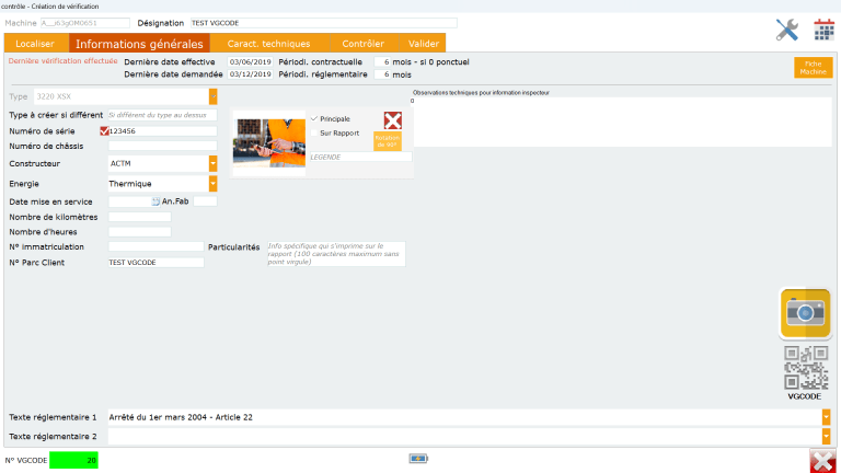 capture d'écran d'eControle Pro, logiciel pour les VGP de levage