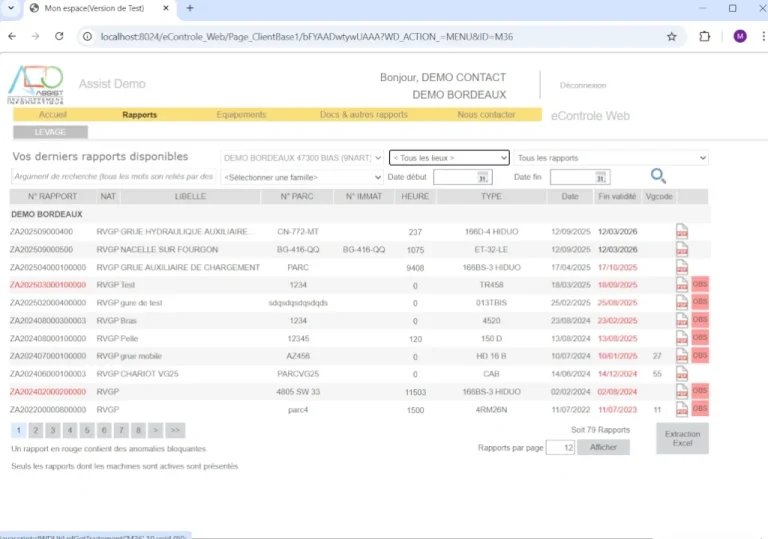 Page rapports d'eControle Web, portail BtoB en ligne pour diffuser vos documents